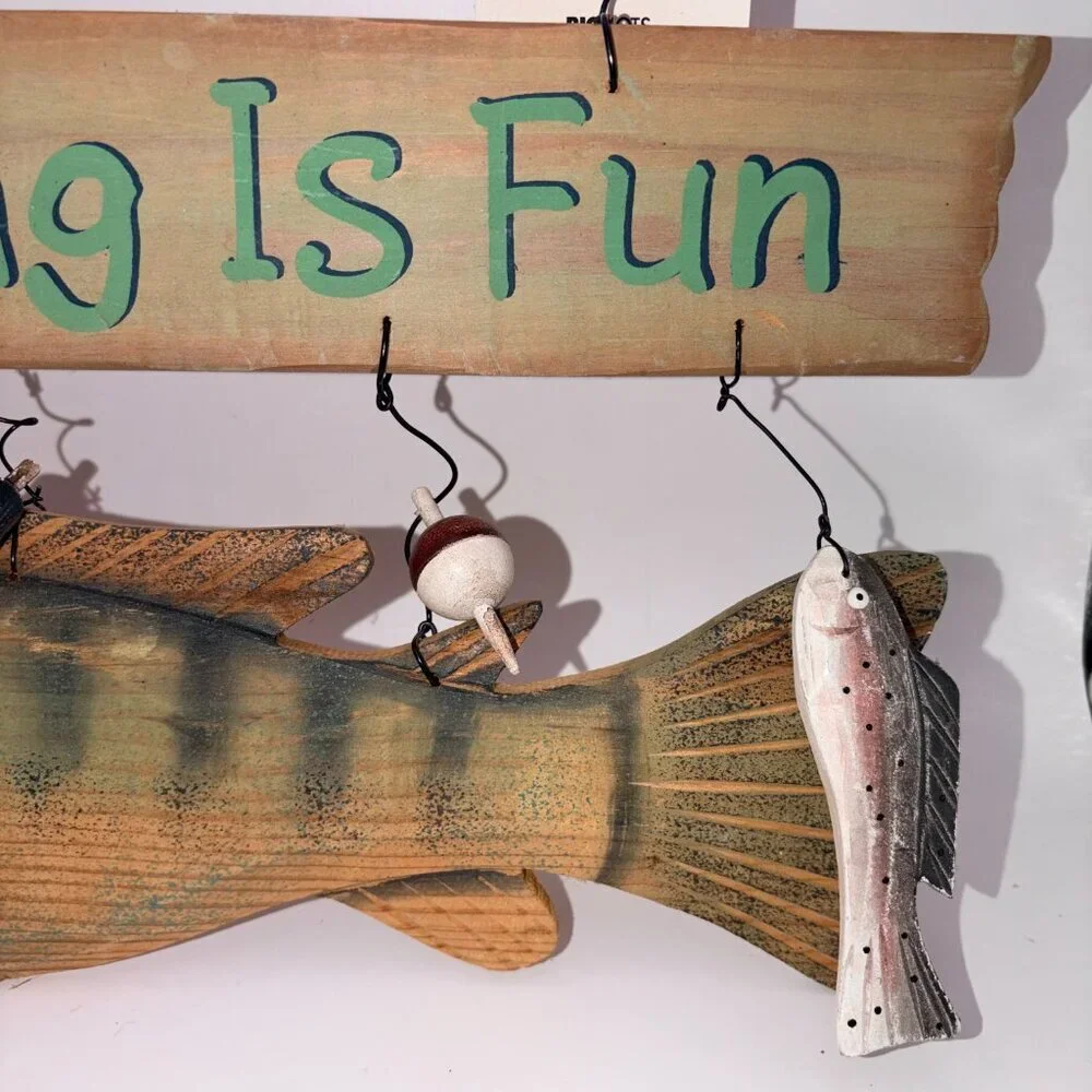 FISHING IS FUN Wooden Wall Sign | Nautical Fish Decor | Rustic Coastal Hanging